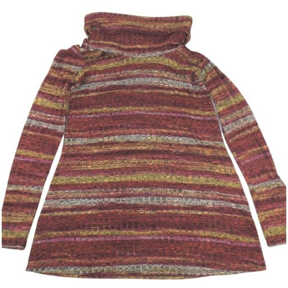 Maurices Womans Turtleneck Top Keyhole Cranberry Yellow Striped Size M    JH859 - Picture 1 of 3